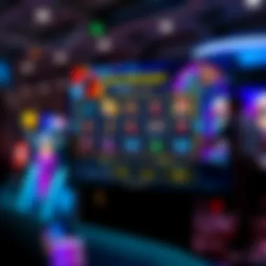 Illustration of a digital screen displaying slot game mechanics and payout structures