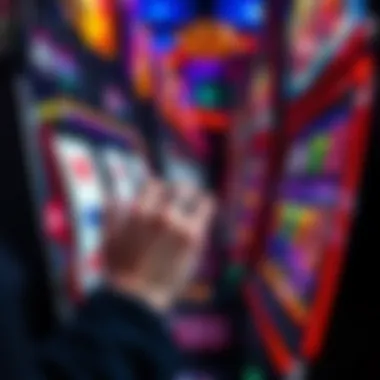 A close-up of a player's hand pressing the button on a slot machine