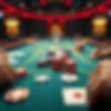 A strategic poker table setup featuring chips and cards