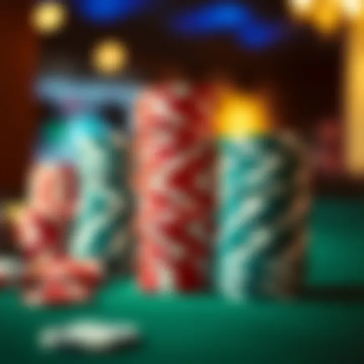 A close-up of poker chips stacked on a felt table, emphasizing the strategic elements of gambling.