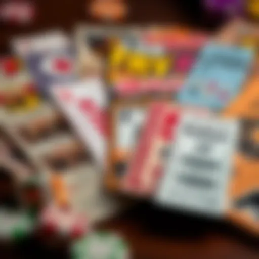 Diverse lottery tickets displayed with varied designs