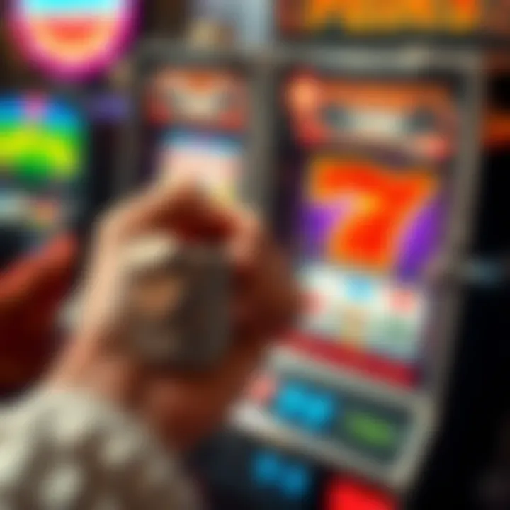 A hand holding a stack of coins in front of a slot machine, symbolizing betting choices