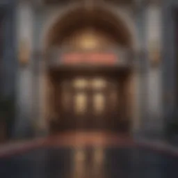 A grand entrance of a historic Las Vegas hotel, showcasing its classic architecture and faded glory.