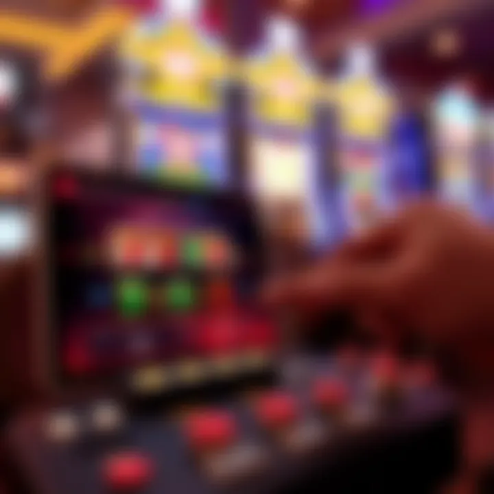 A close-up of a virtual slot machine game on a tablet