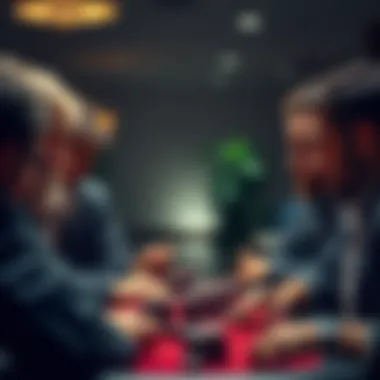 A group of players engaged in a tense moment of decision-making, each displaying a controlled demeanor