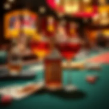 A vibrant casino scene with whiskey cocktails on the table